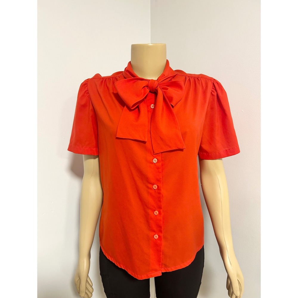 Vintage Petites Judy Bond‎ Red Bow Blouse Short Sleeve Button M 12P